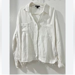 Forever 21 White Button Down Shirt Frayed Edges Size Large Cotton